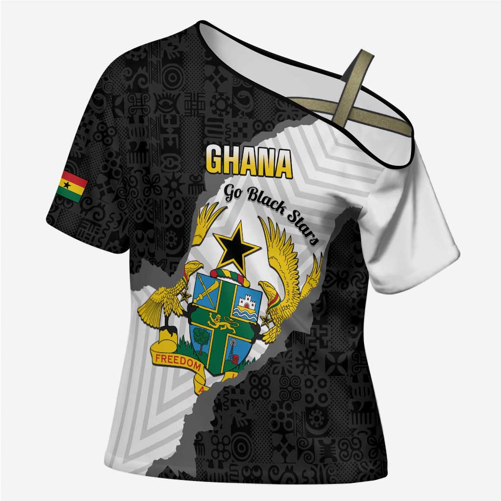 Custom Ghana Football Cross Shoulder Shirt 2026 Go Black Stars Black Adinkra Pattern - African Pride