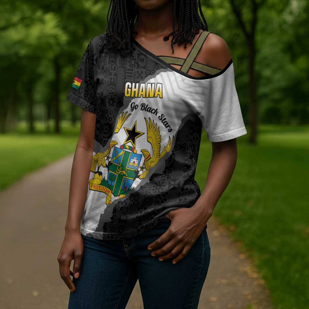 Custom Ghana Football Cross Shoulder Shirt 2026 Go Black Stars Black Adinkra Pattern - African Pride