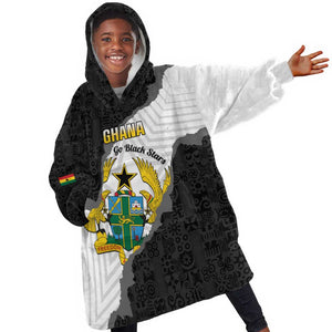 Custom Ghana Football Kid Wearable Blanket Hoodie 2026 Go Black Stars Black Adinkra Pattern - African Pride