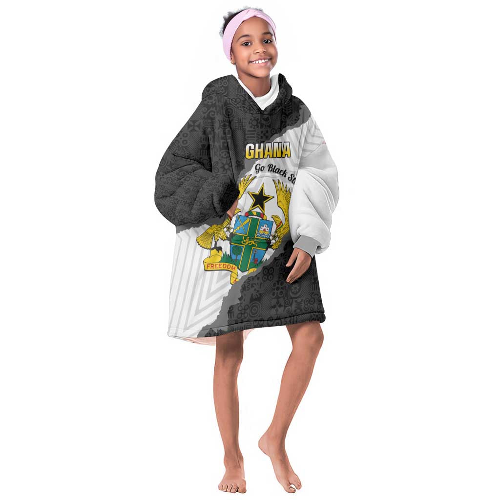 Custom Ghana Football Kid Wearable Blanket Hoodie 2026 Go Black Stars Black Adinkra Pattern - African Pride