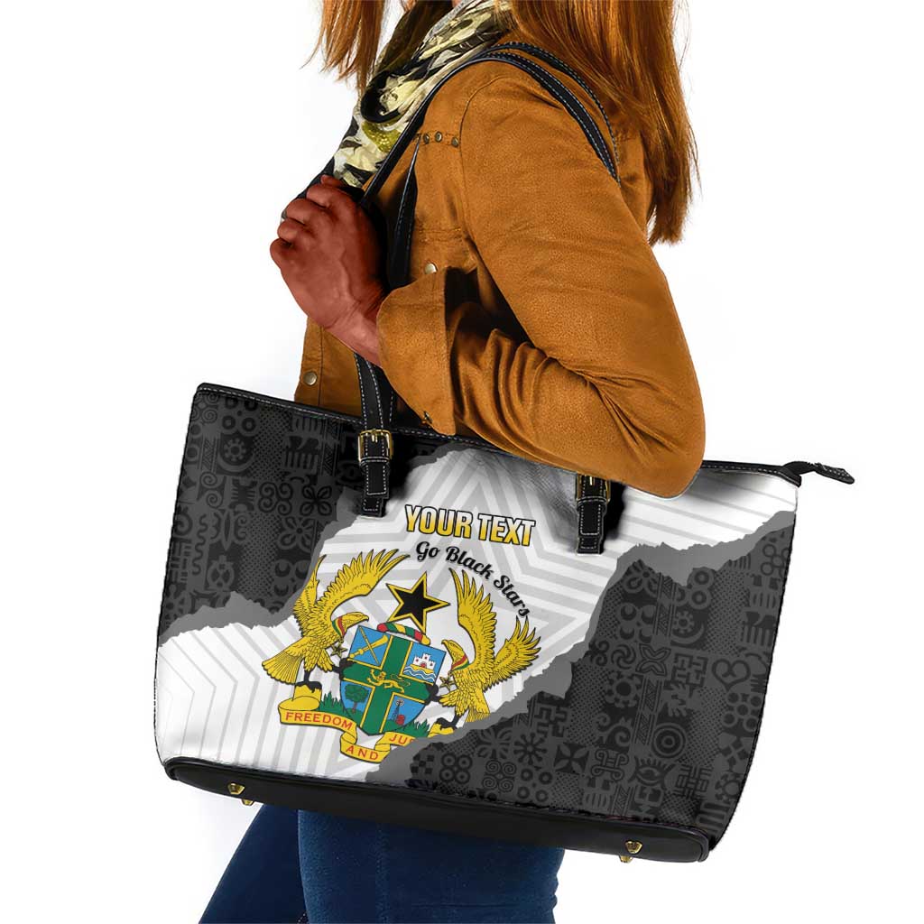 Custom Ghana Football Leather Tote Bag 2026 Go Black Stars Black Adinkra Pattern - African Pride
