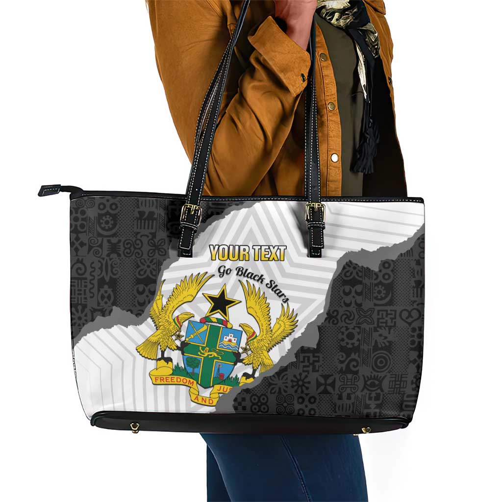Custom Ghana Football Leather Tote Bag 2026 Go Black Stars Black Adinkra Pattern - African Pride