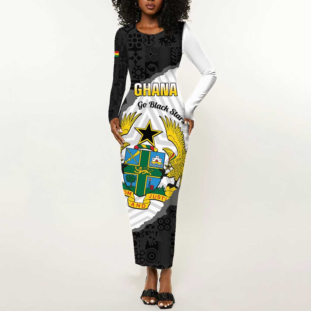 Custom Ghana Football Long Sleeve Bodycon Dress 2026 Go Black Stars Black Adinkra Pattern - African Pride