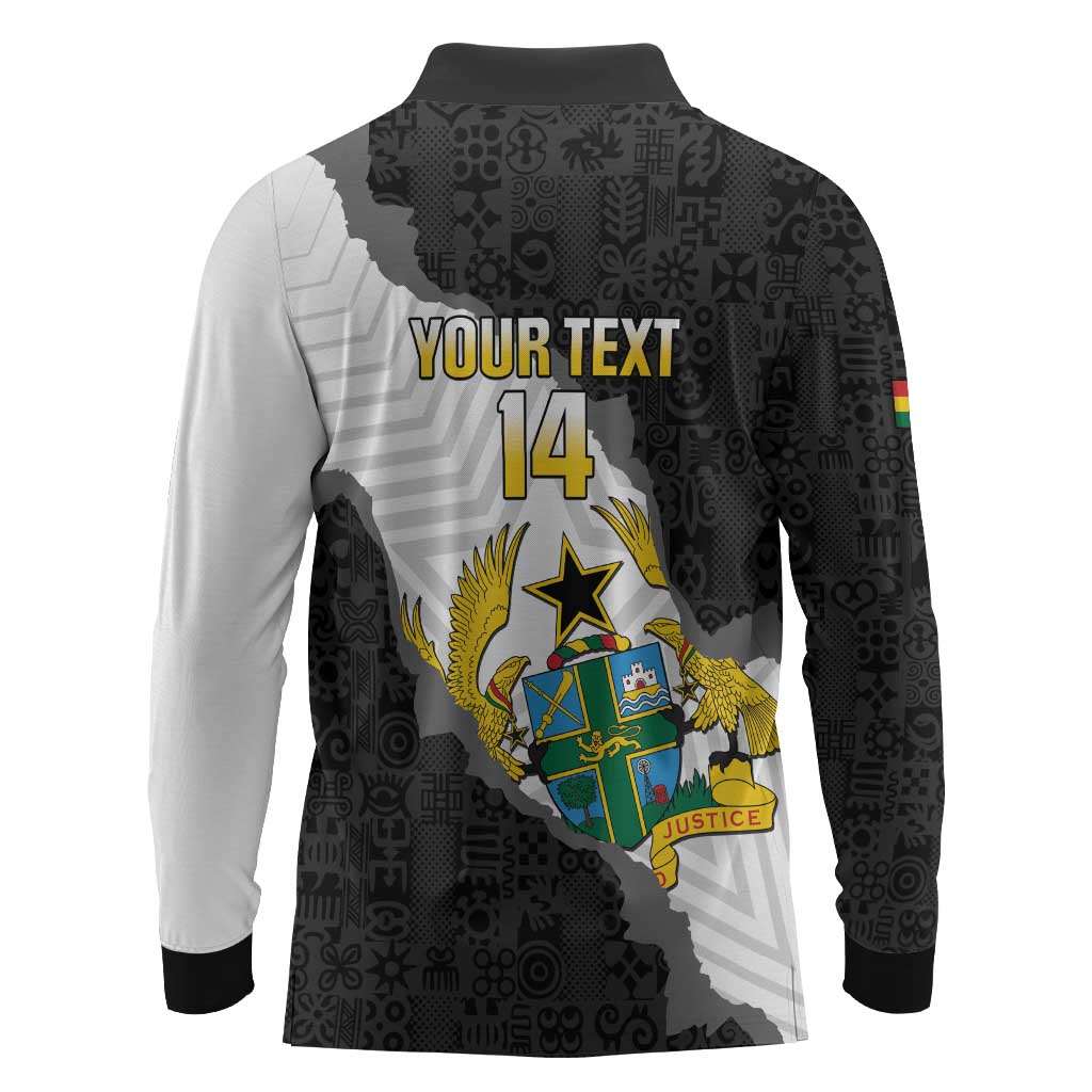 Custom Ghana Football Long Sleeve Polo Shirt 2026 Go Black Stars Black Adinkra Pattern - African Pride