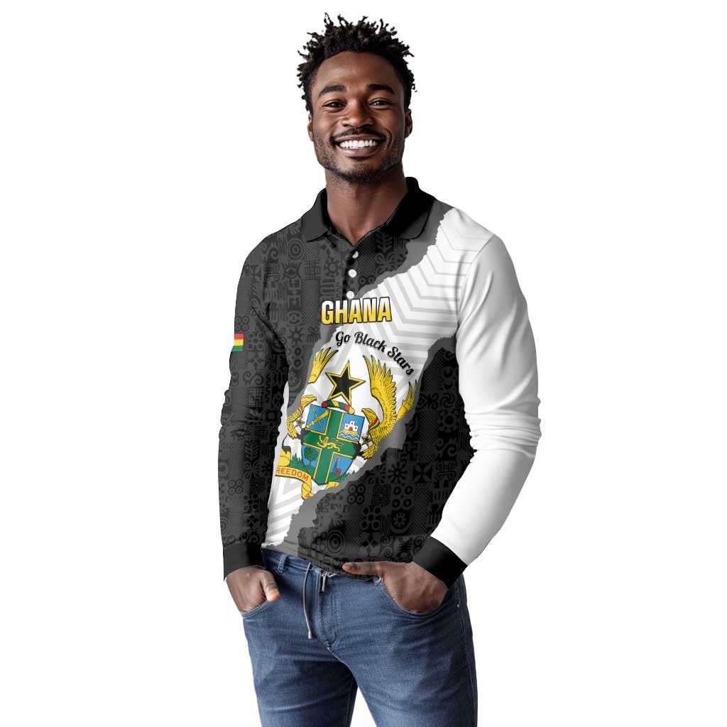 Custom Ghana Football Long Sleeve Polo Shirt 2026 Go Black Stars Black Adinkra Pattern - African Pride