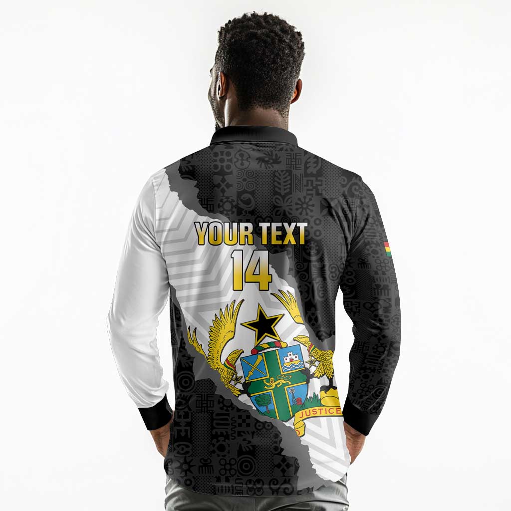 Custom Ghana Football Long Sleeve Polo Shirt 2026 Go Black Stars Black Adinkra Pattern - African Pride