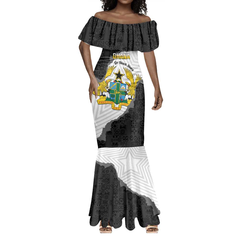 Custom Ghana Football Mermaid Dress 2026 Go Black Stars Black Adinkra Pattern - African Pride