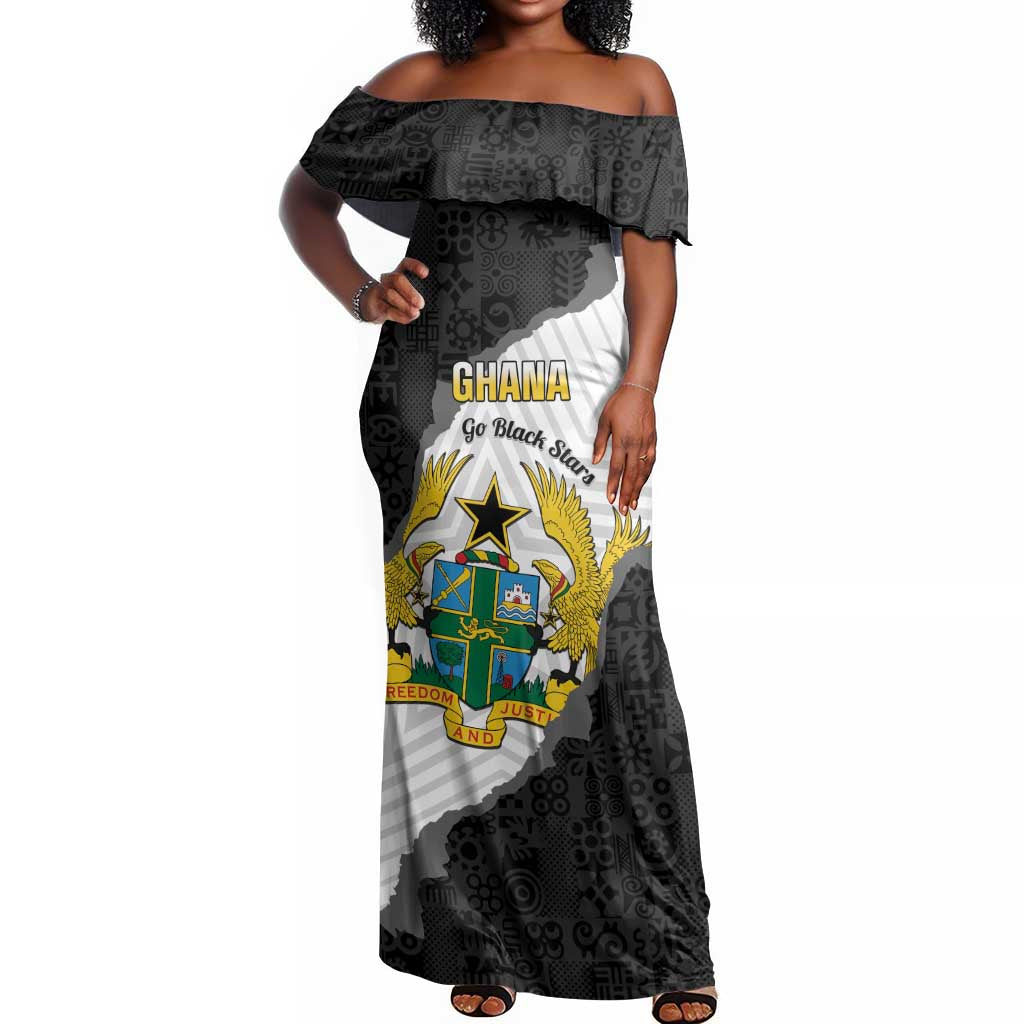 Custom Ghana Football Off Shoulder Maxi Dress 2026 Go Black Stars Black Adinkra Pattern - African Pride