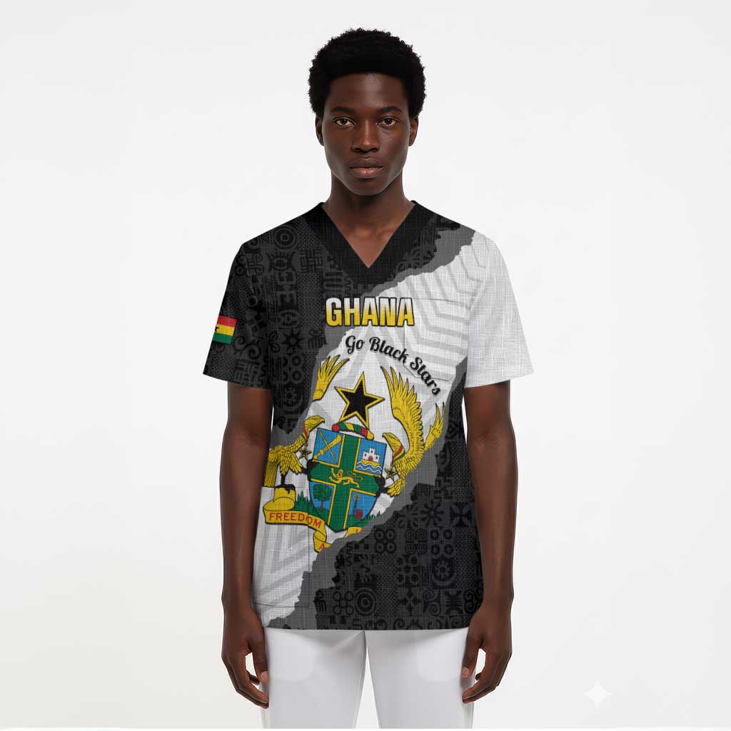 Custom Ghana Football Scrub Top 2026 Go Black Stars Black Adinkra Pattern - African Pride
