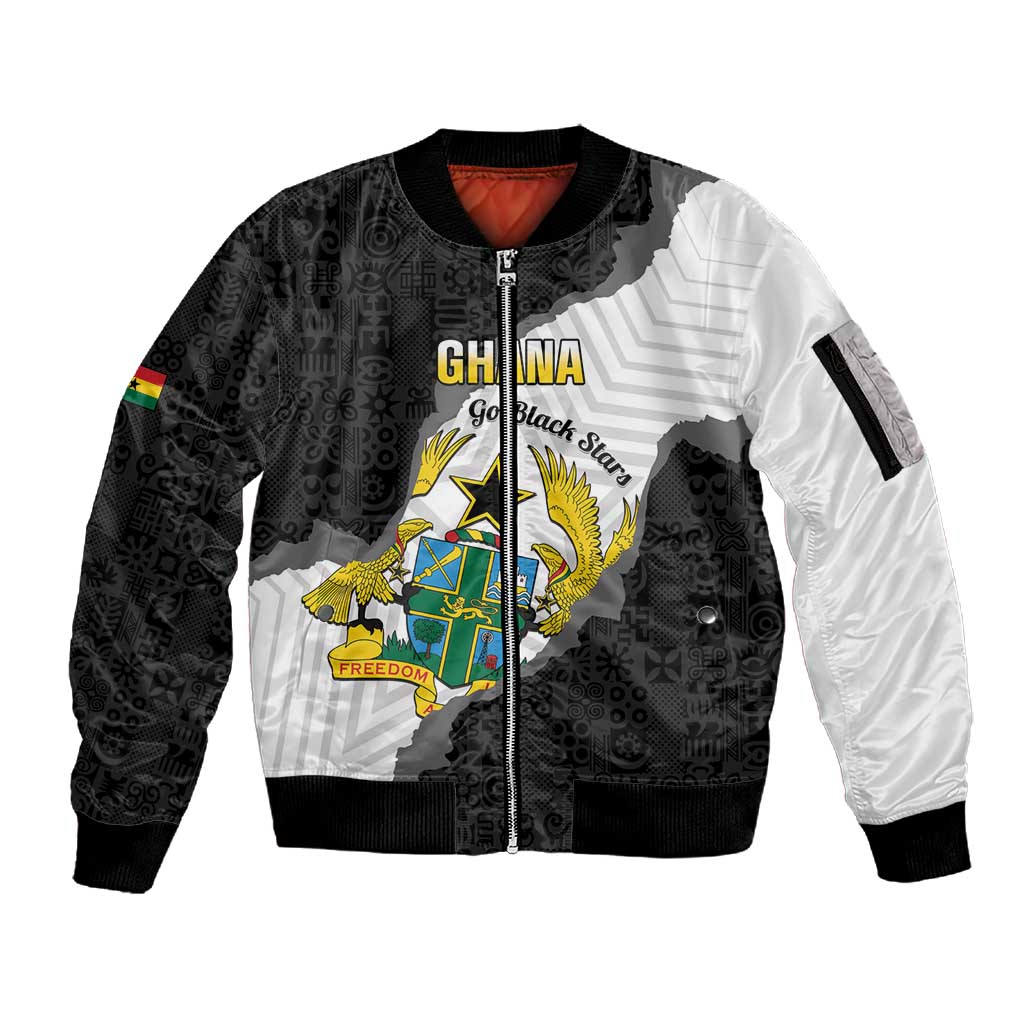 Custom Ghana Football Sleeve Zip Bomber Jacket 2026 Go Black Stars Black Adinkra Pattern - African Pride