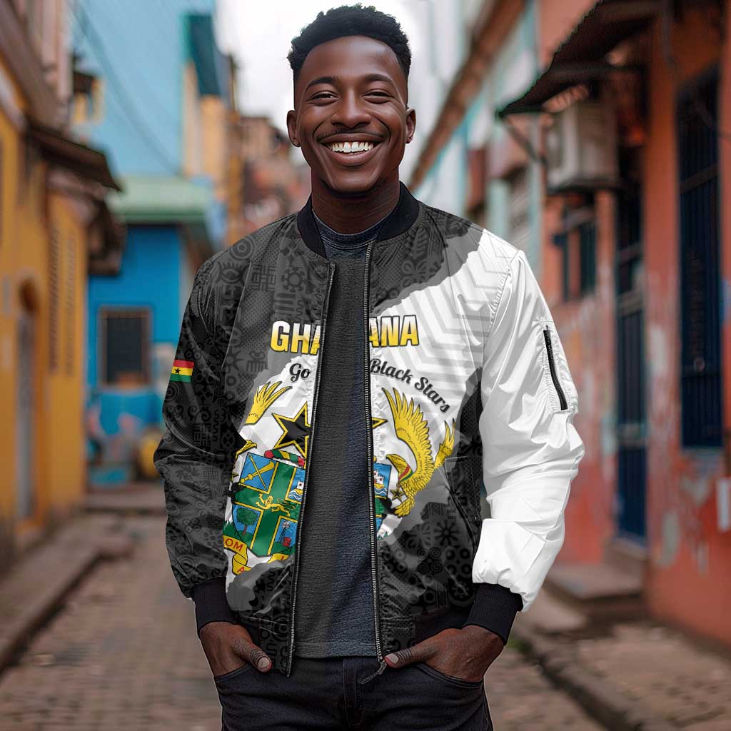 Custom Ghana Football Sleeve Zip Bomber Jacket 2026 Go Black Stars Black Adinkra Pattern - African Pride