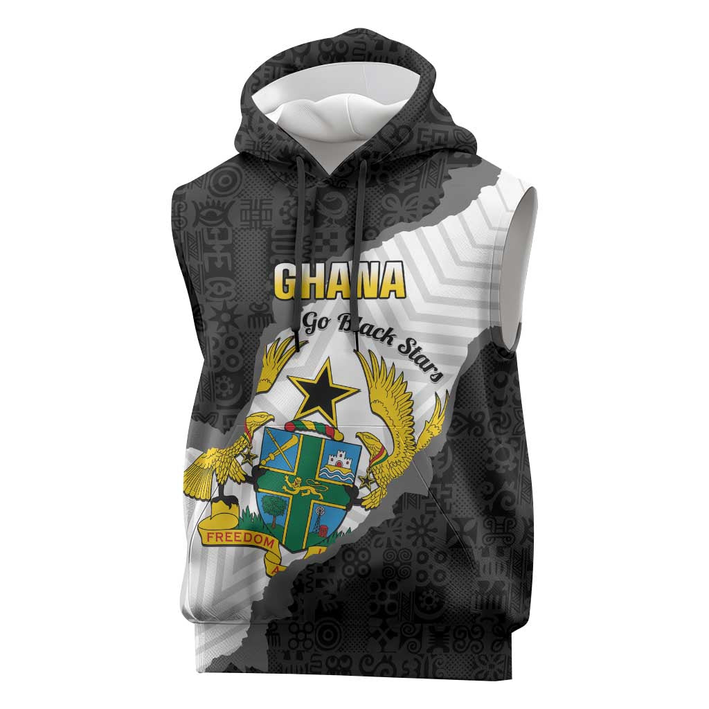 Custom Ghana Football Sleeveless Hoodie 2026 Go Black Stars Black Adinkra Pattern - African Pride