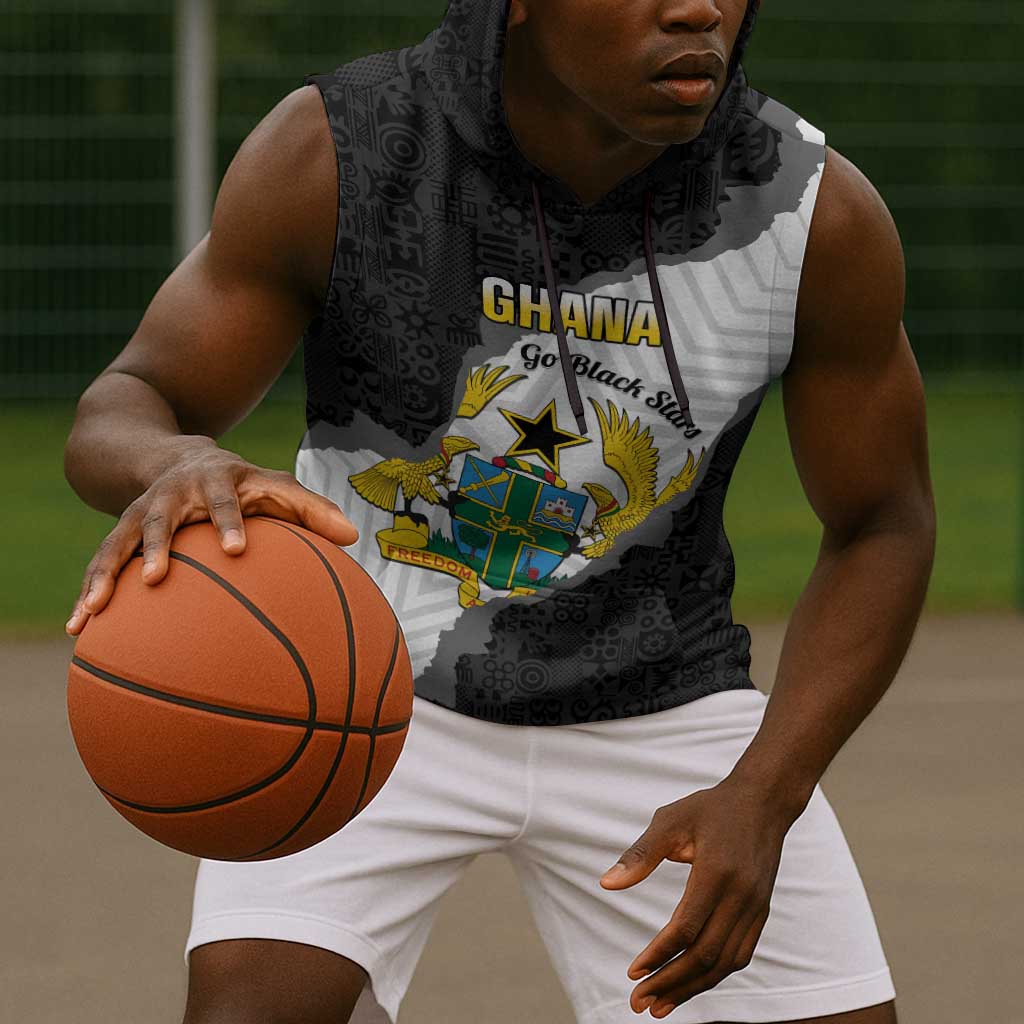 Custom Ghana Football Sleeveless Hoodie 2026 Go Black Stars Black Adinkra Pattern - African Pride