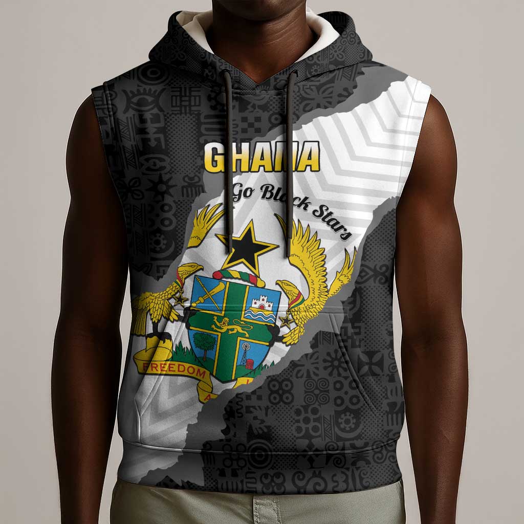 Custom Ghana Football Sleeveless Hoodie 2026 Go Black Stars Black Adinkra Pattern - African Pride