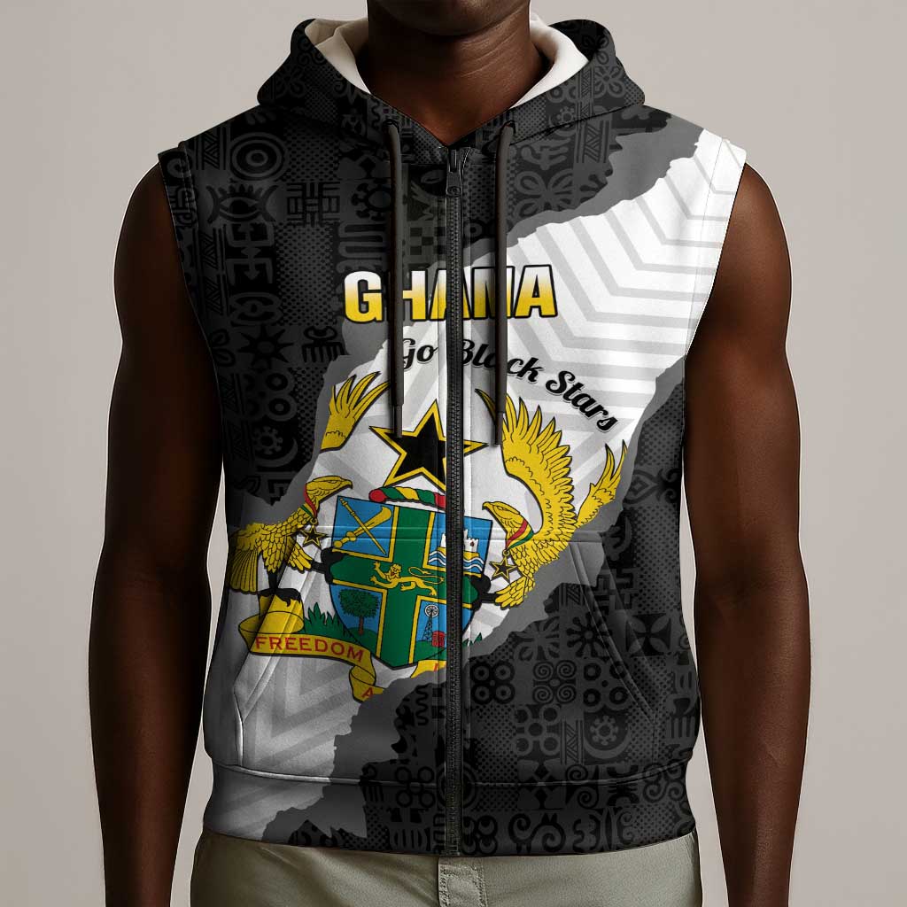 Custom Ghana Football Sleeveless Zip Hoodie 2026 Go Black Stars Black Adinkra Pattern - African Pride