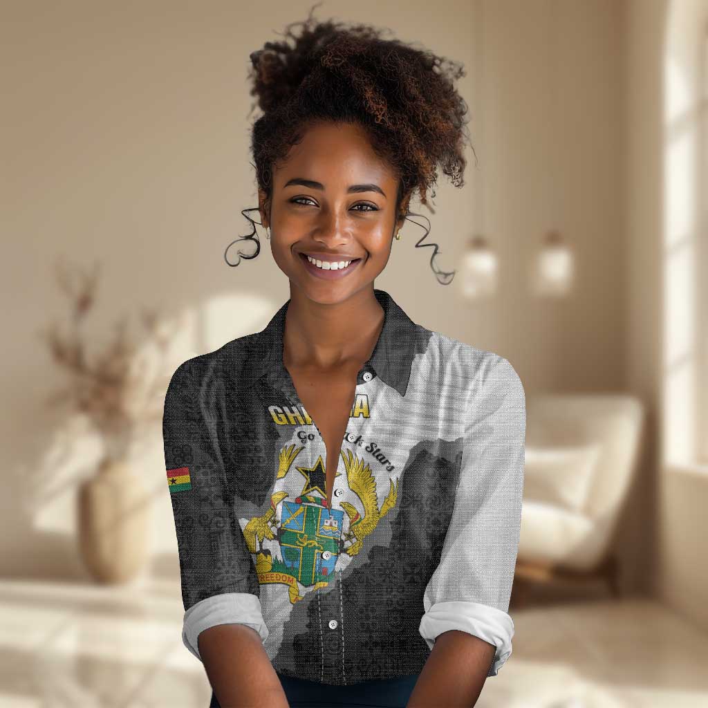Custom Ghana Football Women Casual Shirt 2026 Go Black Stars Black Adinkra Pattern - African Pride