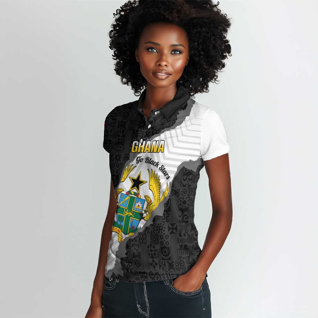 Custom Ghana Football Women Polo Shirt 2026 Go Black Stars Black Adinkra Pattern LT14