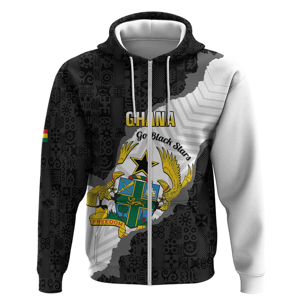 Custom Ghana Football Zip Hoodie 2026 Go Black Stars Black Adinkra Pattern - African Pride