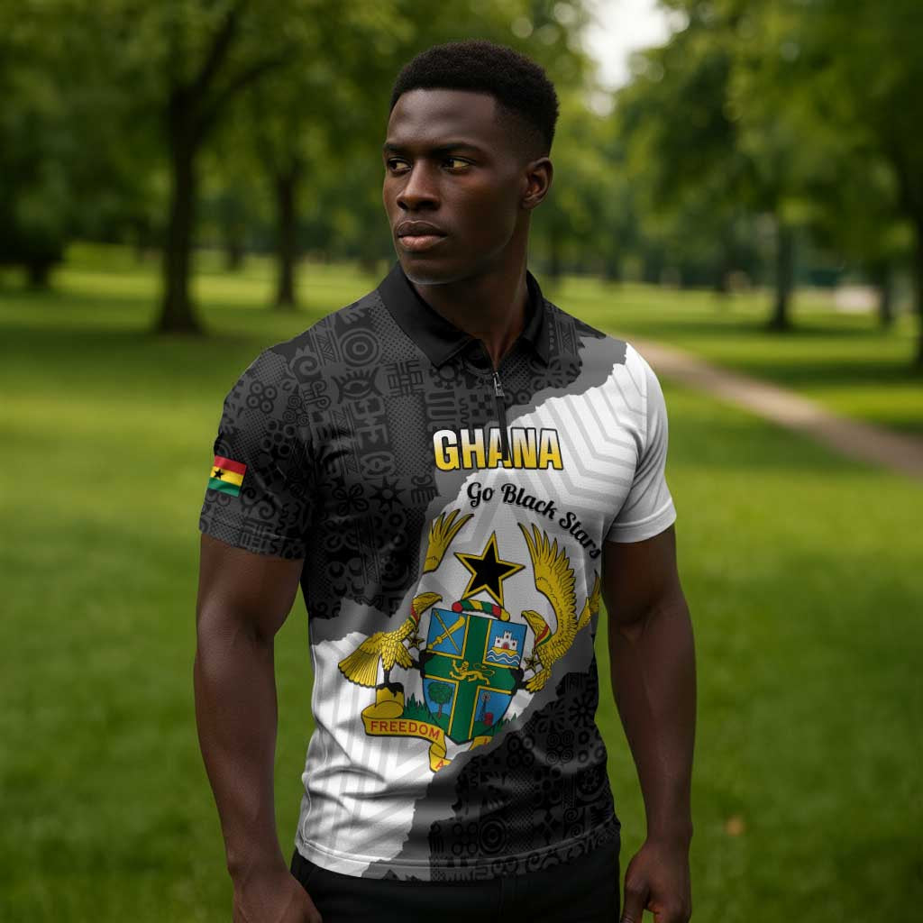 Custom Ghana Football Zipper Polo Shirt 2026 Go Black Stars Black Adinkra Pattern - African Pride