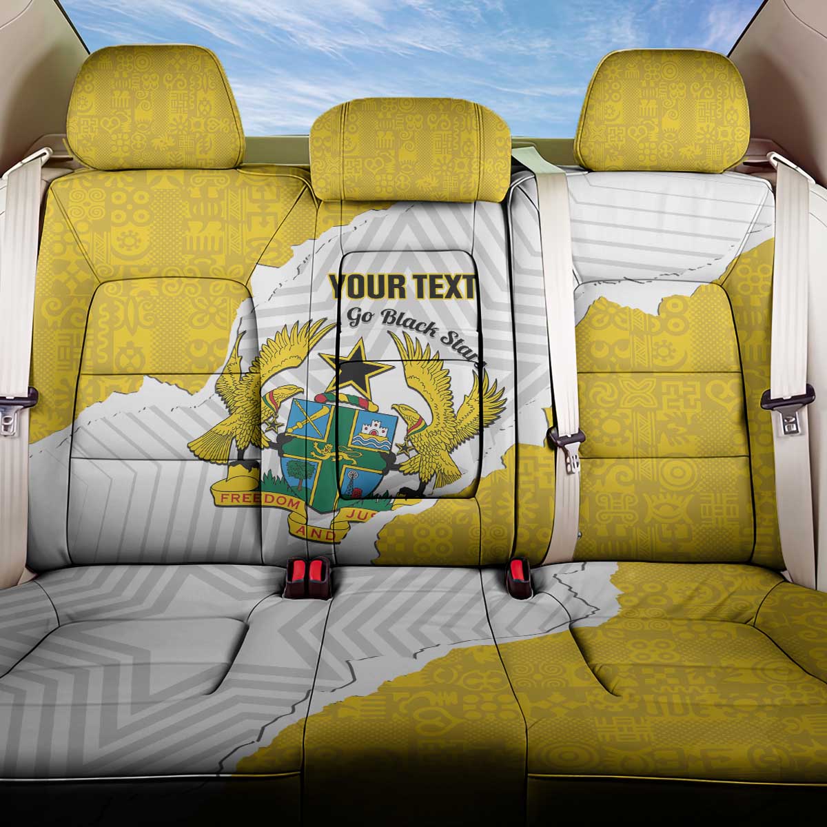 Custom Ghana Football Back Car Seat Cover 2026 Go Black Stars Yellow Adinkra Pattern - African Pride