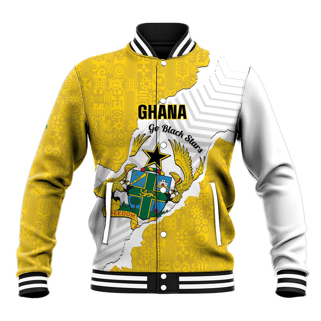 Custom Ghana Football Baseball Jacket 2026 Go Black Stars Yellow Adinkra Pattern - African Pride
