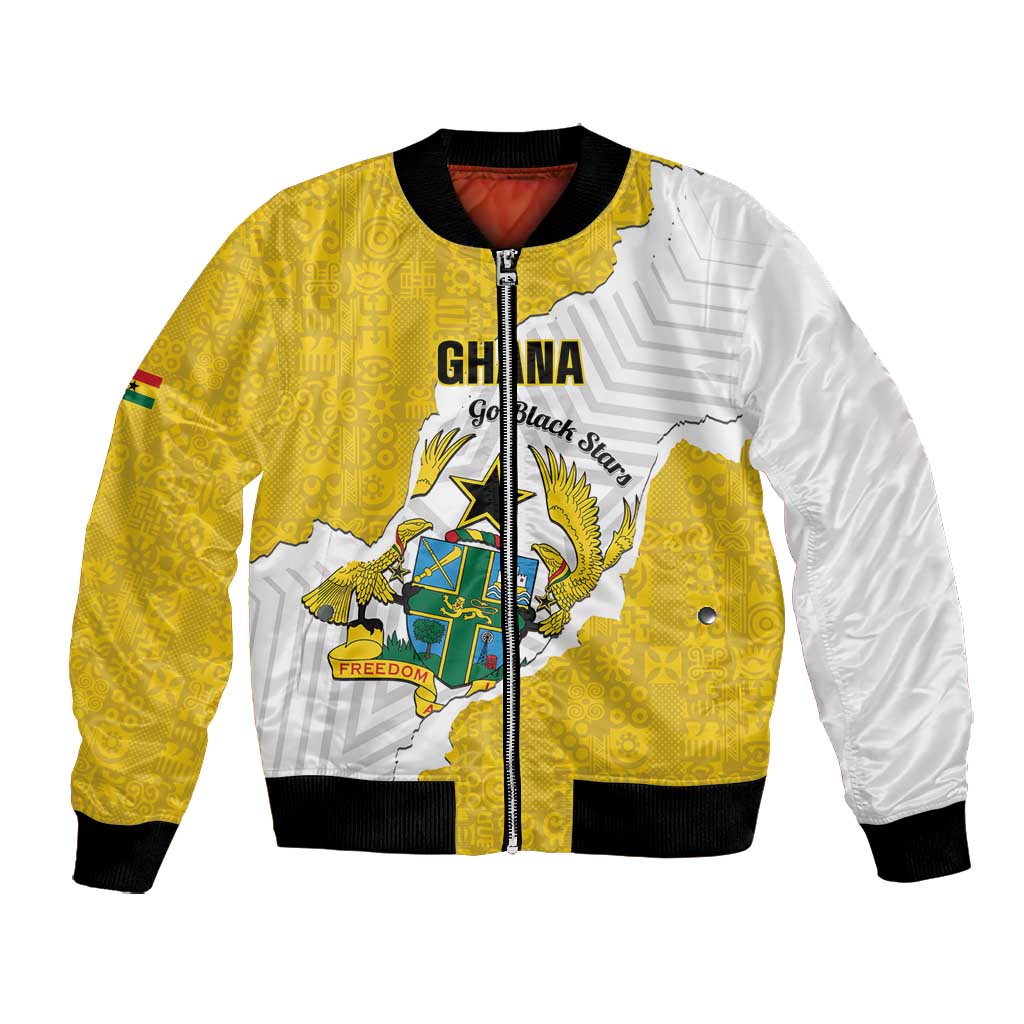 Custom Ghana Football Bomber Jacket 2026 Go Black Stars Yellow Adinkra Pattern - African Pride