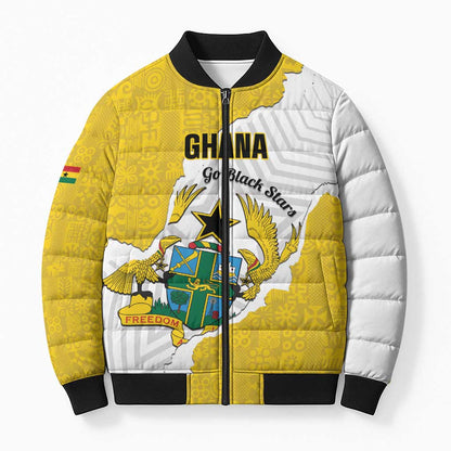 Custom Ghana Football Bomber Puffer Jacket 2026 Go Black Stars Yellow Adinkra Pattern - African Pride