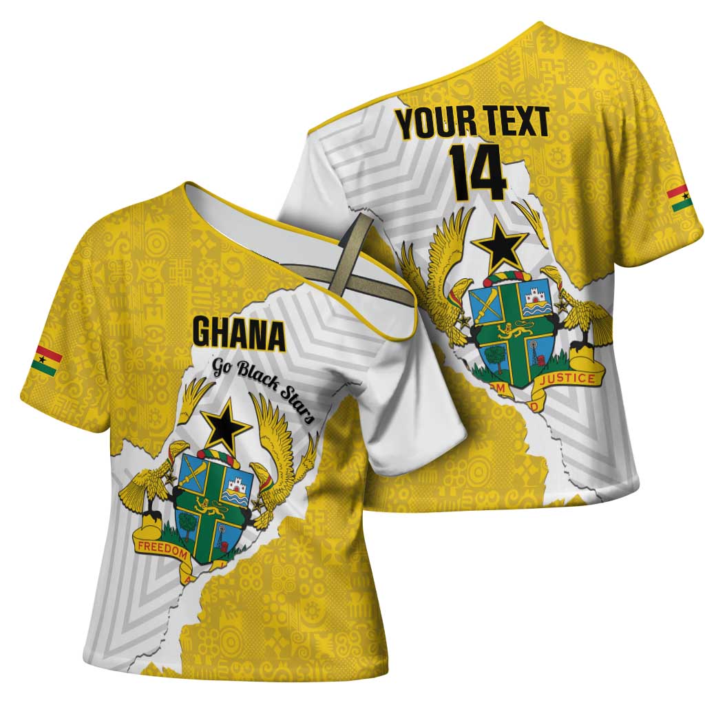 Custom Ghana Football Cross Shoulder Shirt 2026 Go Black Stars Yellow Adinkra Pattern - African Pride