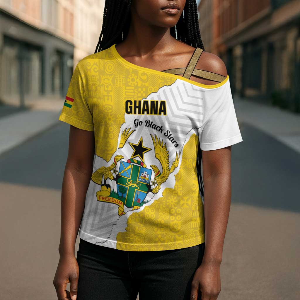 Custom Ghana Football Cross Shoulder Shirt 2026 Go Black Stars Yellow Adinkra Pattern - African Pride