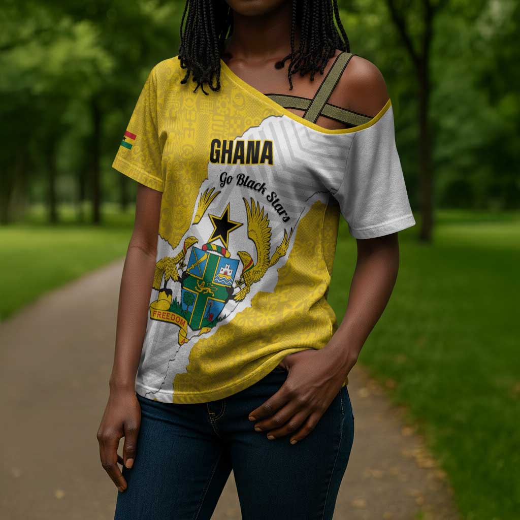 Custom Ghana Football Cross Shoulder Shirt 2026 Go Black Stars Yellow Adinkra Pattern - African Pride