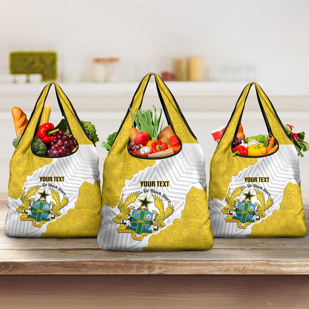 Custom Ghana Football Grocery Bag 2026 Go Black Stars Yellow Adinkra Pattern - African Pride
