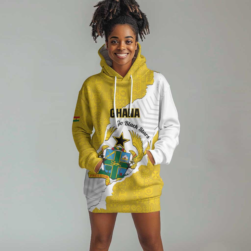 Custom Ghana Football Hoodie Dress 2026 Go Black Stars Yellow Adinkra Pattern - African Pride