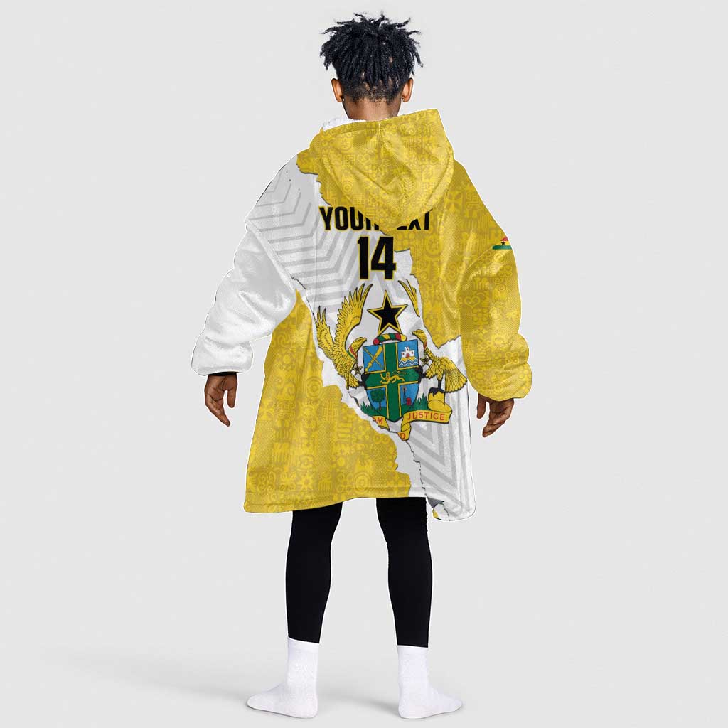 Custom Ghana Football Kid Wearable Blanket Hoodie 2026 Go Black Stars Yellow Adinkra Pattern - African Pride