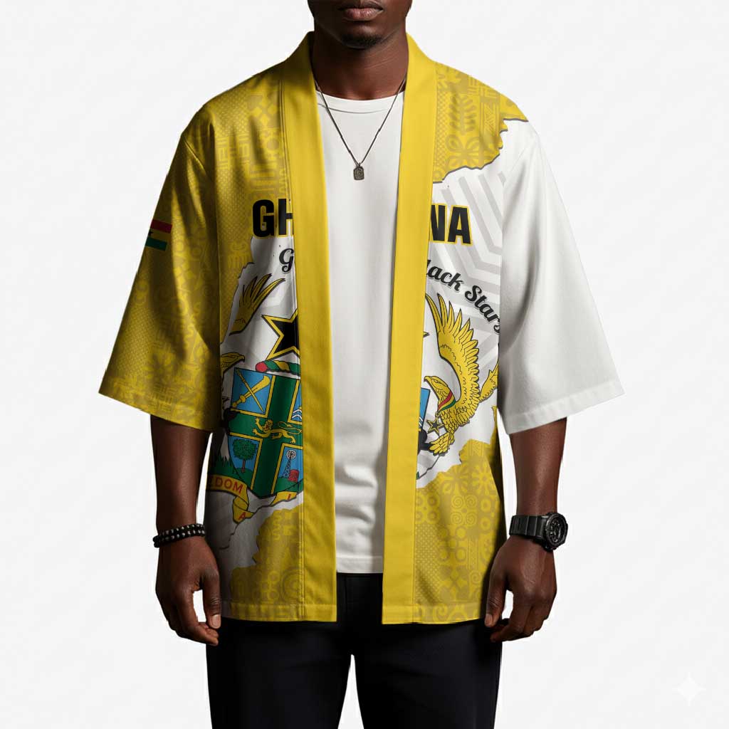 Custom Ghana Football Kimono 2026 Go Black Stars Yellow Adinkra Pattern - African Pride