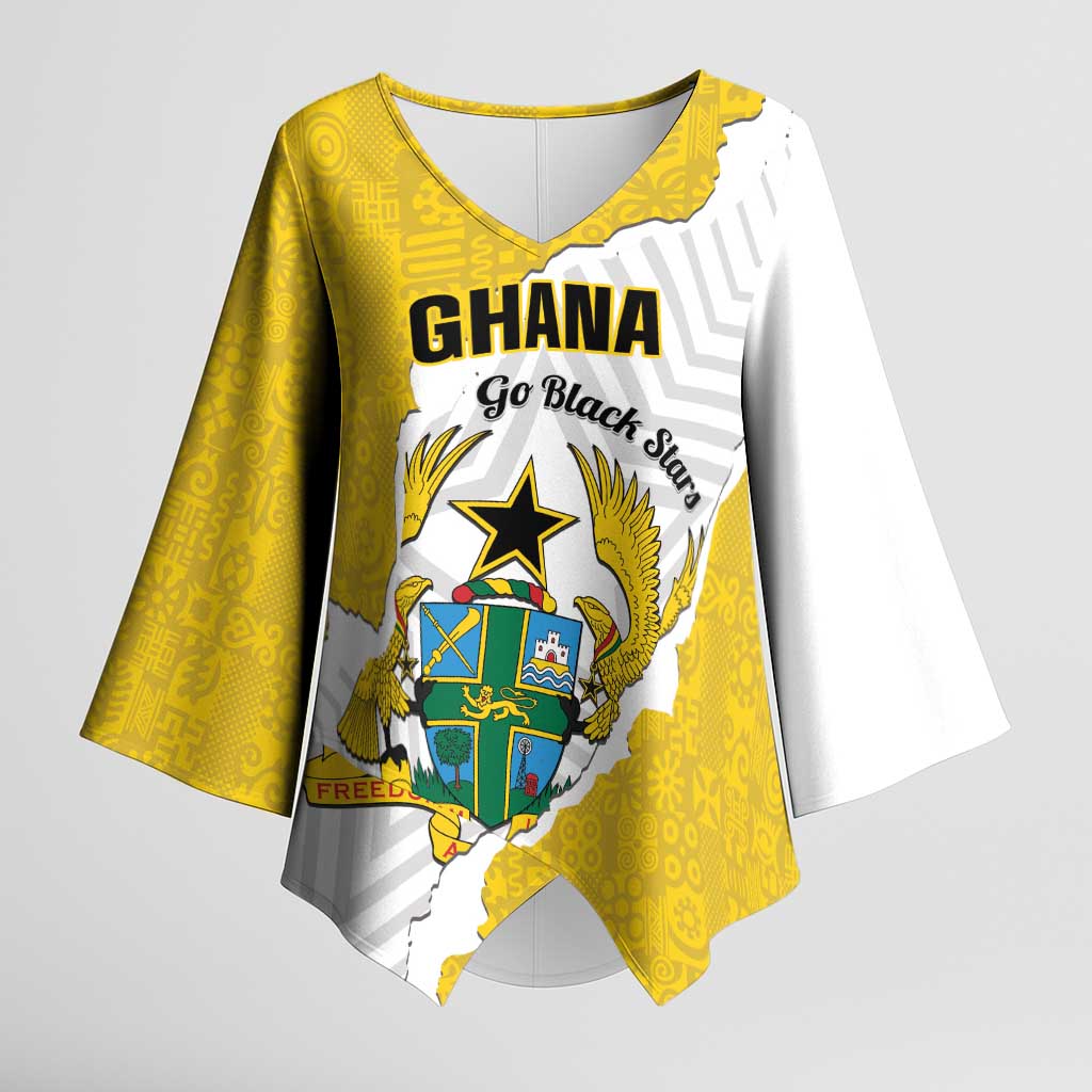 Custom Ghana Football Kimono Sleeve Blouse 2026 Go Black Stars Yellow Adinkra Pattern - African Pride