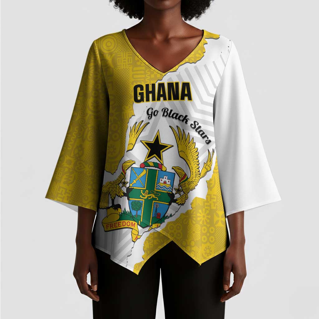 Custom Ghana Football Kimono Sleeve Blouse 2026 Go Black Stars Yellow Adinkra Pattern - African Pride