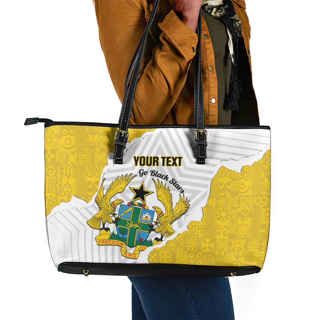 Custom Ghana Football Leather Tote Bag 2026 Go Black Stars Yellow Adinkra Pattern - African Pride