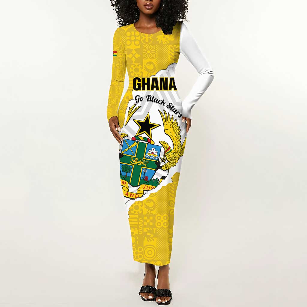 Custom Ghana Football Long Sleeve Bodycon Dress 2026 Go Black Stars Yellow Adinkra Pattern - African Pride