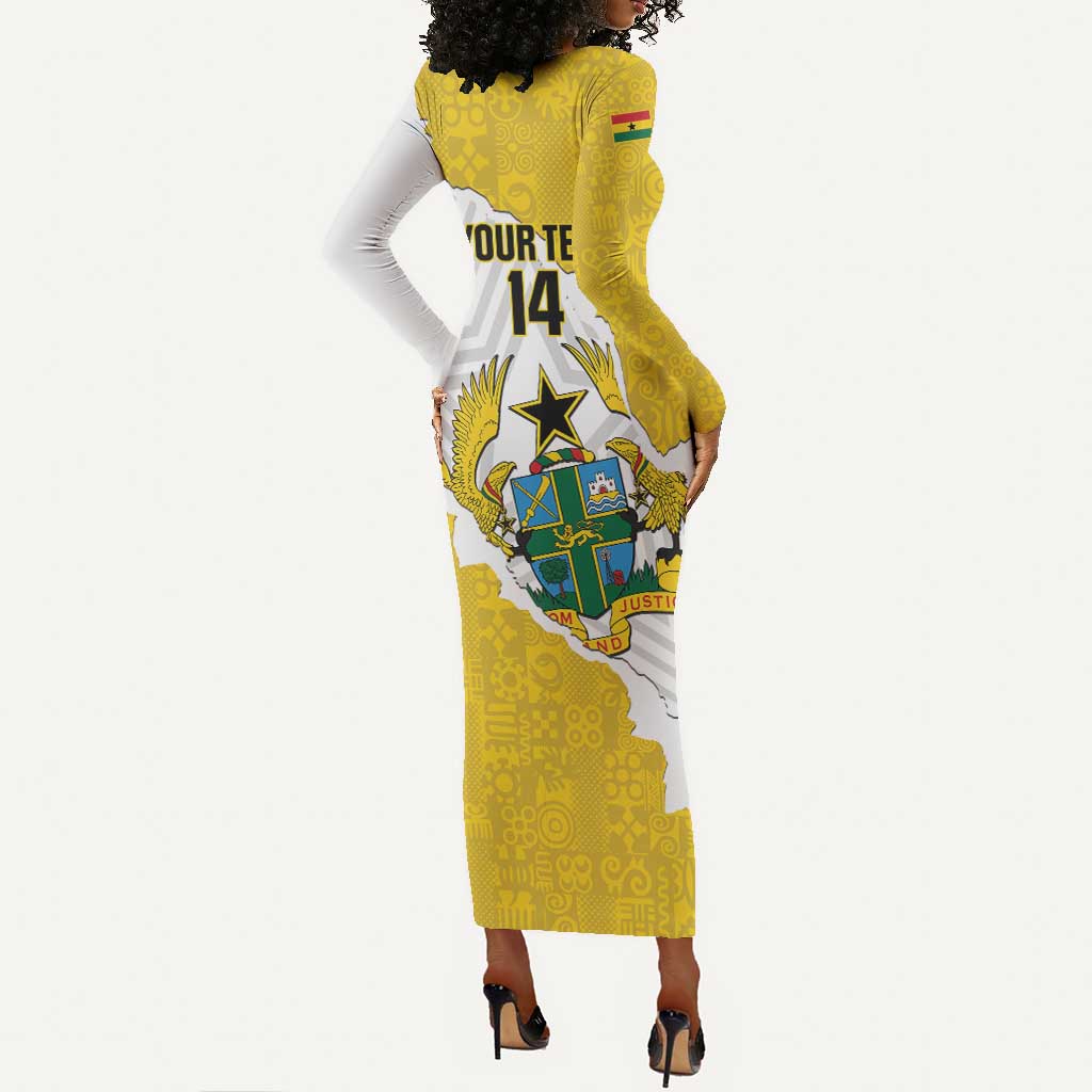 Custom Ghana Football Long Sleeve Bodycon Dress 2026 Go Black Stars Yellow Adinkra Pattern - African Pride