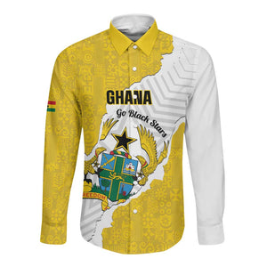 Custom Ghana Football Long Sleeve Button Shirt 2026 Go Black Stars Yellow Adinkra Pattern - African Pride
