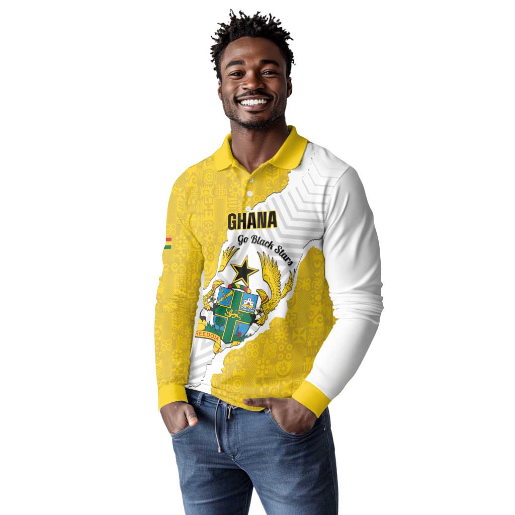 Custom Ghana Football Long Sleeve Polo Shirt 2026 Go Black Stars Yellow Adinkra Pattern - African Pride