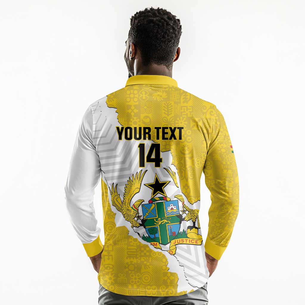 Custom Ghana Football Long Sleeve Polo Shirt 2026 Go Black Stars Yellow Adinkra Pattern - African Pride