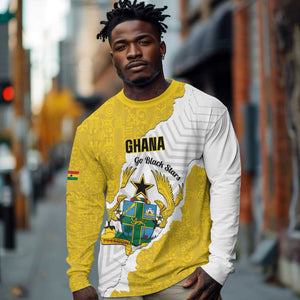 Custom Ghana Football Long Sleeve Shirt 2026 Go Black Stars Yellow Adinkra Pattern - African Pride
