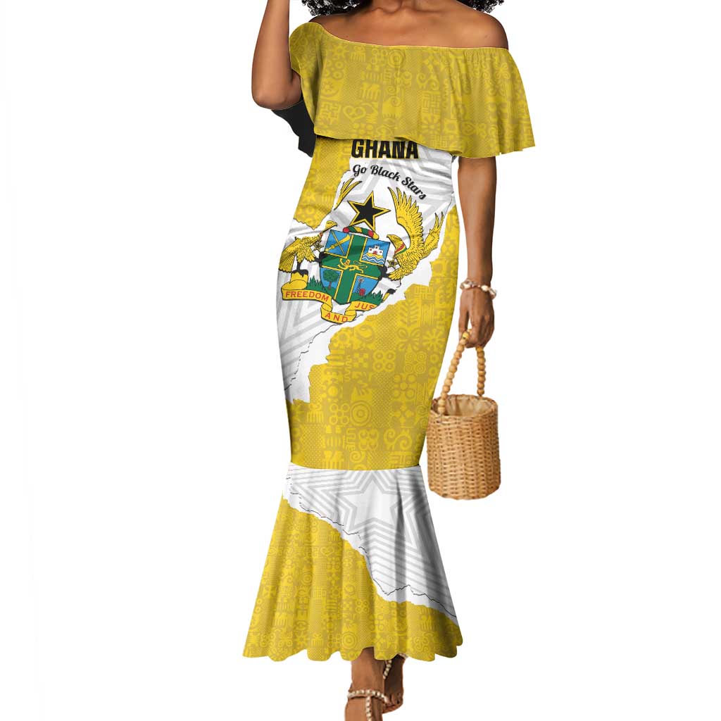 Custom Ghana Football Mermaid Dress 2026 Go Black Stars Yellow Adinkra Pattern - African Pride