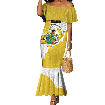Custom Ghana Football Mermaid Dress 2026 Go Black Stars Yellow Adinkra Pattern - African Pride