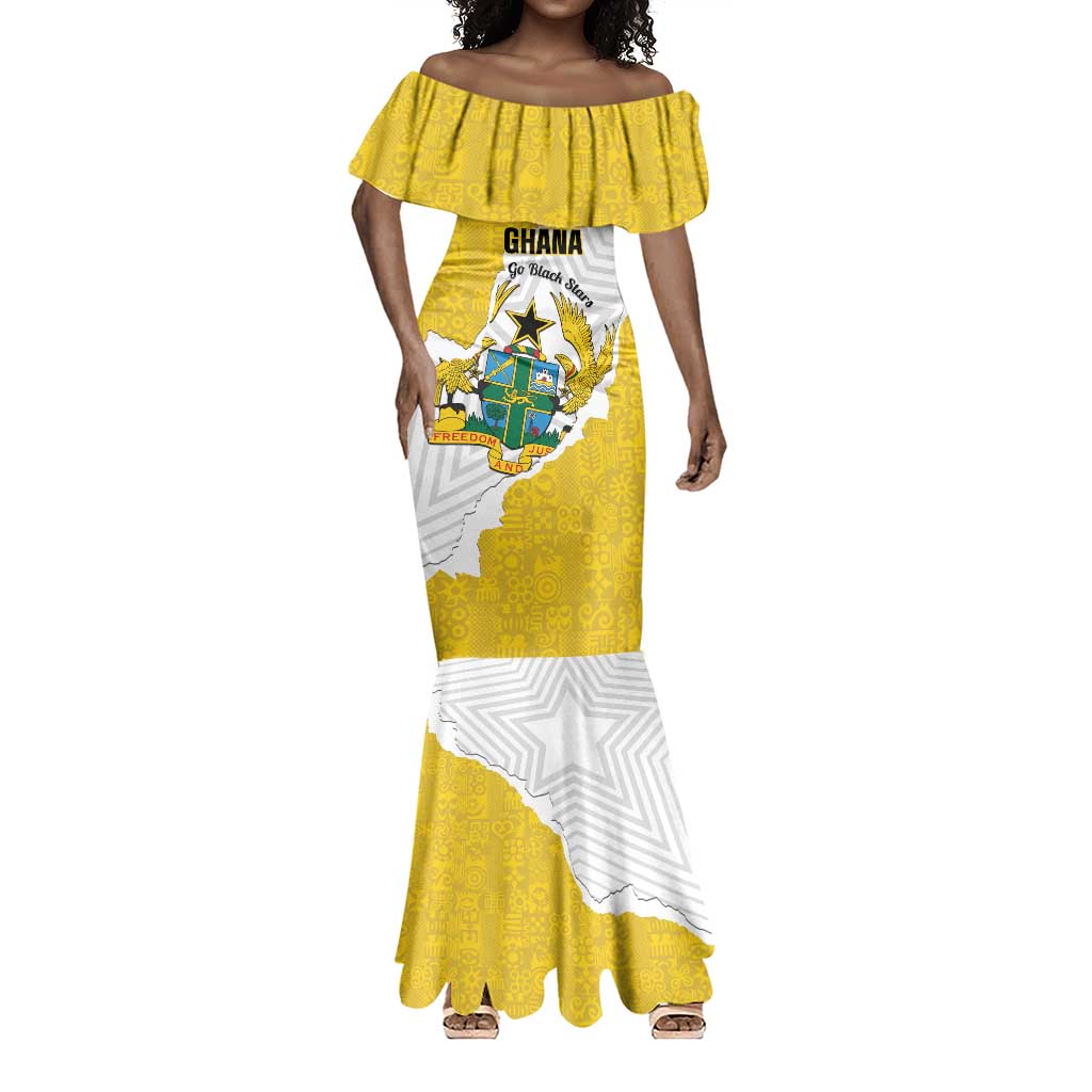 Custom Ghana Football Mermaid Dress 2026 Go Black Stars Yellow Adinkra Pattern - African Pride