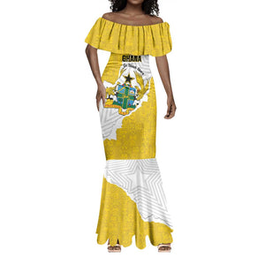 Custom Ghana Football Mermaid Dress 2026 Go Black Stars Yellow Adinkra Pattern - African Pride