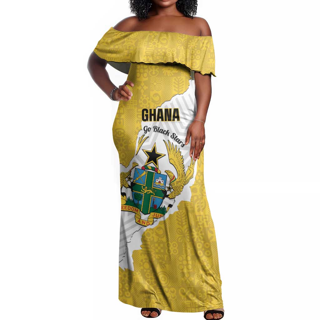 Custom Ghana Football Off Shoulder Maxi Dress 2026 Go Black Stars Yellow Adinkra Pattern - African Pride