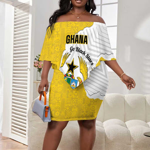 Custom Ghana Football Off Shoulder Short Dress 2026 Go Black Stars Yellow Adinkra Pattern - African Pride