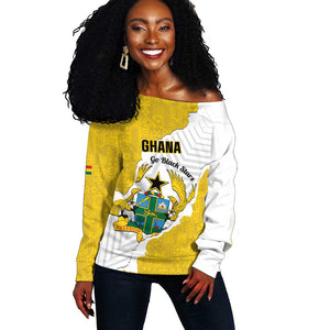 Custom Ghana Football Off Shoulder Sweater 2026 Go Black Stars Yellow Adinkra Pattern - African Pride